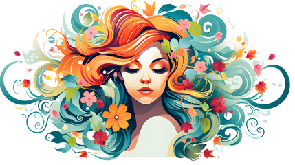 Elegant Abstract Woman with Floral Hair Design in Modern Art Style
