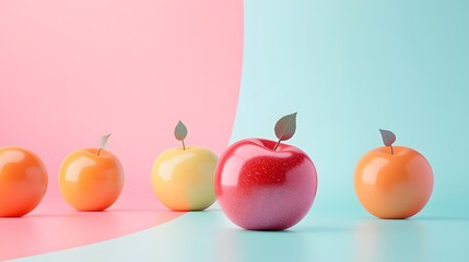 3D render of three stylized apples arranged on a gradient pink and teal background.