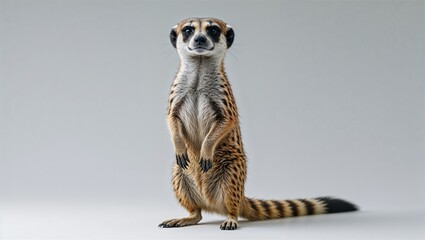 Photorealistic image of a meerkat standing tall on white background