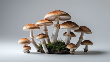 Photorealistic image of a mature mushroom clustered on a white background