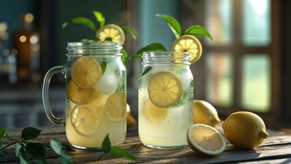 Photorealistic image of a mason jar filled with fresh lemonade