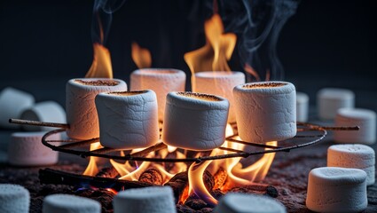 Photorealistic image of a marshmallows roasting over flame