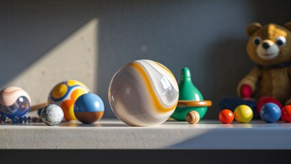 Photorealistic image of a marble set on a kid’s playmat
