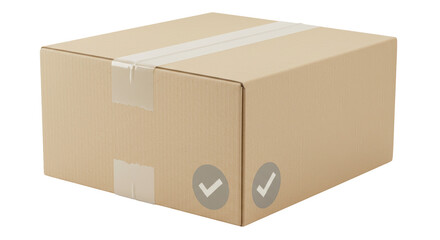 Isolated Brown Cardboard Box with Tape and Checkmarks