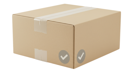 Isolated Brown Cardboard Box with Tape and Checkmarks