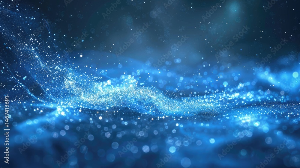 Poster wonderful picture of blue light of sparkling particles scattered across space background, create abs