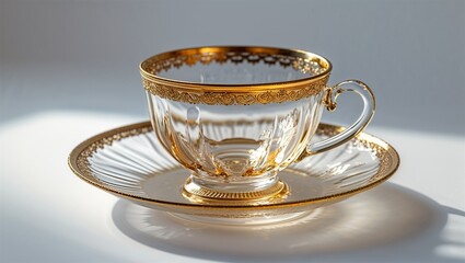 Photorealistic image of a glass teacup set in a clean isolated environment