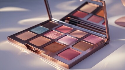 Photorealistic image of a makeup palette on a glossy white podium
