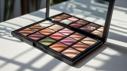Photorealistic image of a makeup palette on a glossy white podium