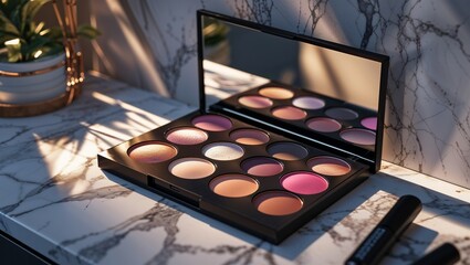 Photorealistic image of a makeup palette on a glossy white podium