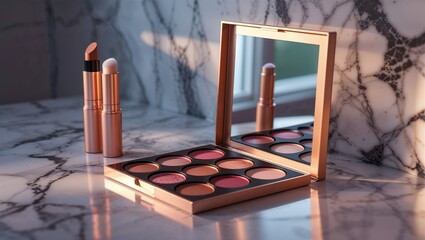 Photorealistic image of a makeup palette on a glossy white podium