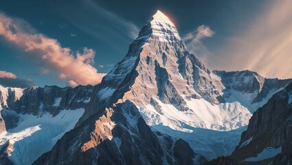 Photorealistic image of a majestic mountain peak
