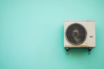 Exterior wall mounted air conditioner on a mint green wall