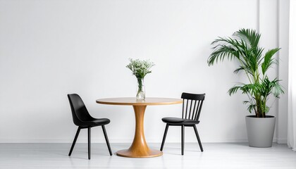 Naklejka premium Minimalist dining room with a round wooden table, two black chairs, a vase of white flowers, and a decorative plant in a gray pot.