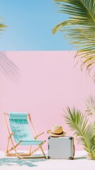 Obraz premium Beach vacation empty chair suitcase and hat