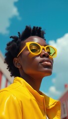 Stylish young adult woman wearing yellow jacket and sunglasses looking up at blue sky, Summer Style