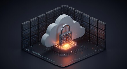Isometric Cloud Security: Padlock on Glowing Cloud in Dark Digital Environment