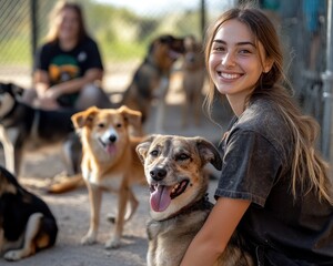 Young woman volunteering at a dog shelter