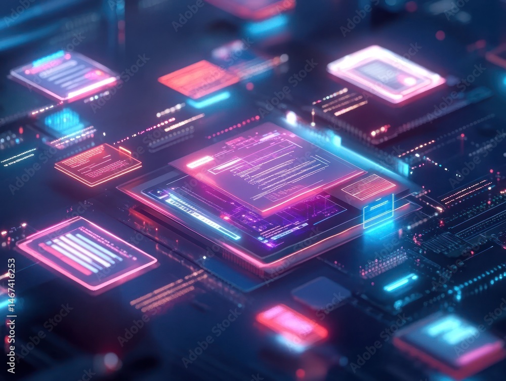 Poster digital interface displays glowing technology abstract design