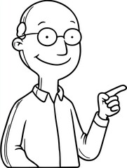 Obraz premium Smiling cartoon man pointing, black and white line art, simple character illustration