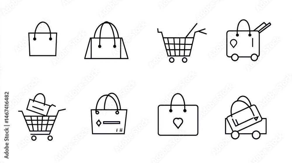 Poster a set of simple minimalist icons representing various shopping related items such as shopping carts 