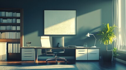 Modern office workspace with blank frame, sunlight. Use for presentations, design, or interior design