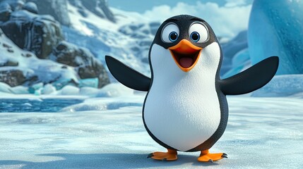 Obraz premium Smiling penguin with outstretched wings on snowy landscape