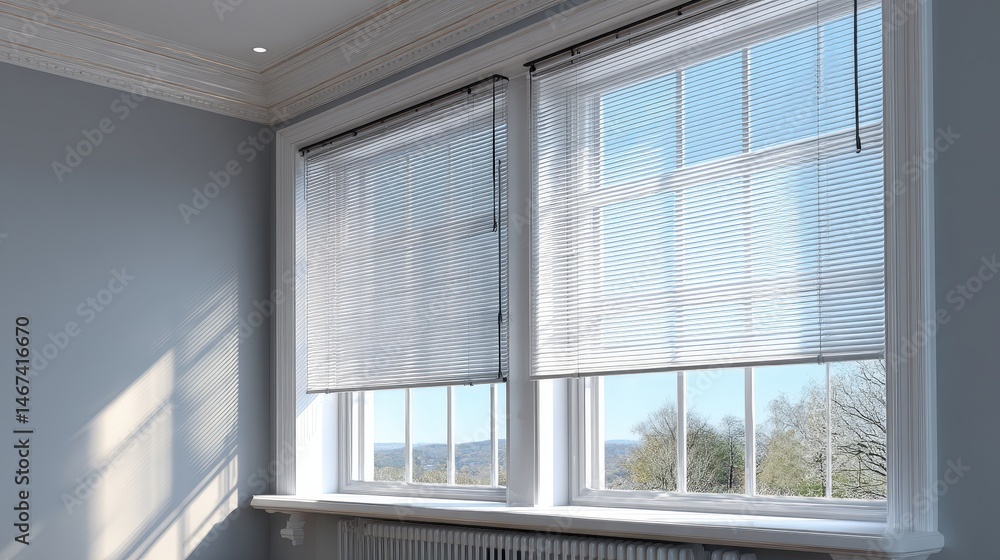Poster automated adjusting window blinds in response to sunlight in a bright and modern room with minimalis