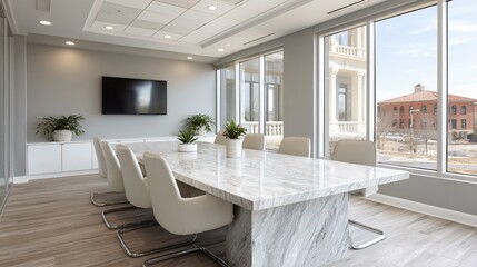 Fototapeta premium Contemporary glass-walled conference room with white granite table, upholstered cantilever chairs, integrated wireless presentation system and adjustable privacy blinds under architectural spotlightin