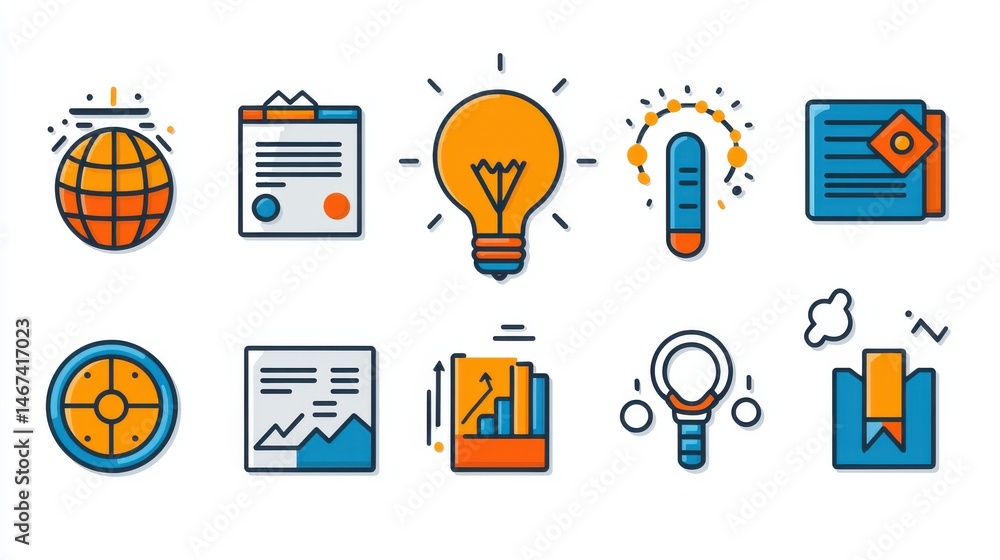 Poster a collection of icons representing different aspects of business technology and innovation including