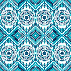 Seamless turquoise and navy ethnic pattern with intricate mandalas and geometric elements on white background. Perfect for textiles, home decor, fashion, and digital designs requiring bohemian.