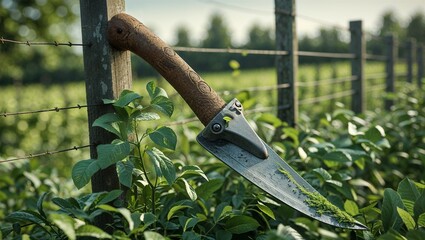 Photorealistic image of a lush sickle next to a fence