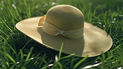 Photorealistic image of a lush sun hat on green grass