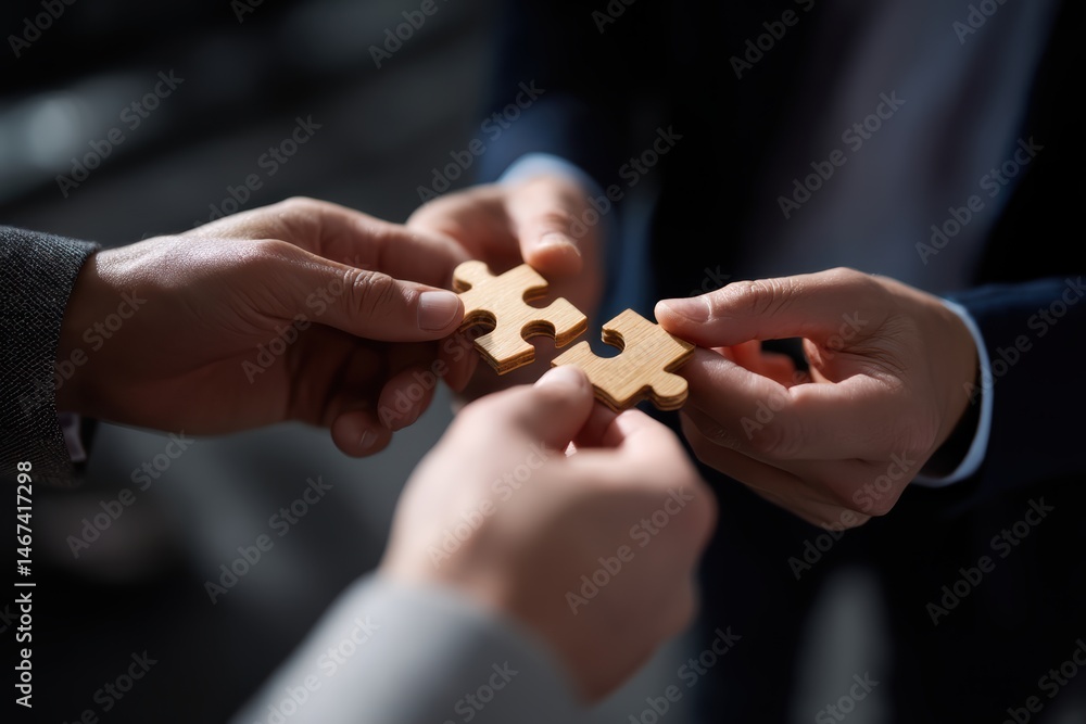 Poster people collaborating with wooden puzzle pieces, symbolizing teamwork and connection. image captures 