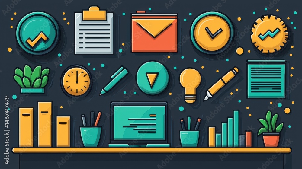 Poster a visually engaging arrangement of icons and elements representing the key components of an efficien