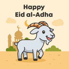 Happy Eid al-Adha Celebration with Cute Goat and Mosque Background