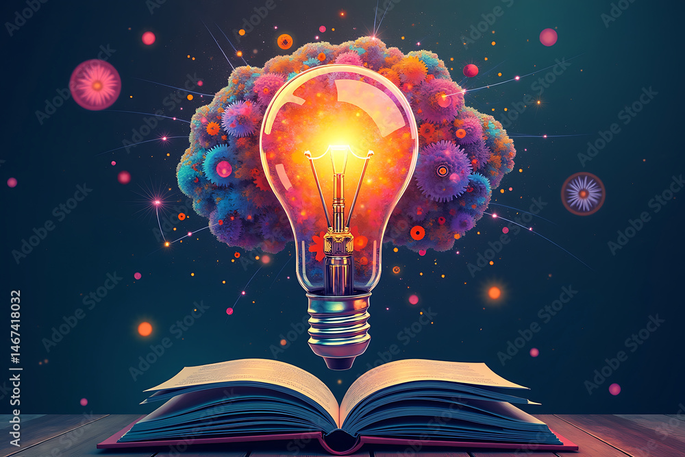 Poster illuminating concepts the open book and glowing light bulb symbolize knowledge and brilliant ideas