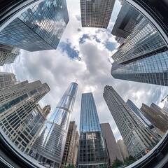 Blue sky reflecting on downtown Chicago towers high resolution picture