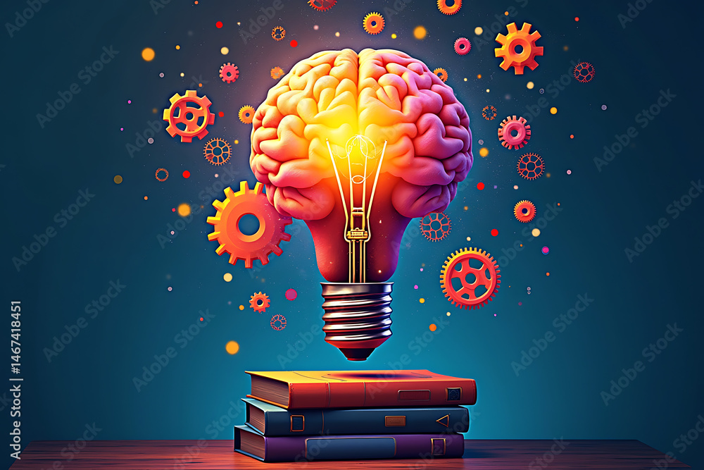 Aufkleber brain shaped like a lightbulb concept representing knowledge ideas learning and creativity on stacke