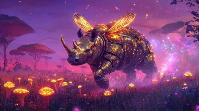 Rhinosaurus with glowing bees in a magical twilight forest