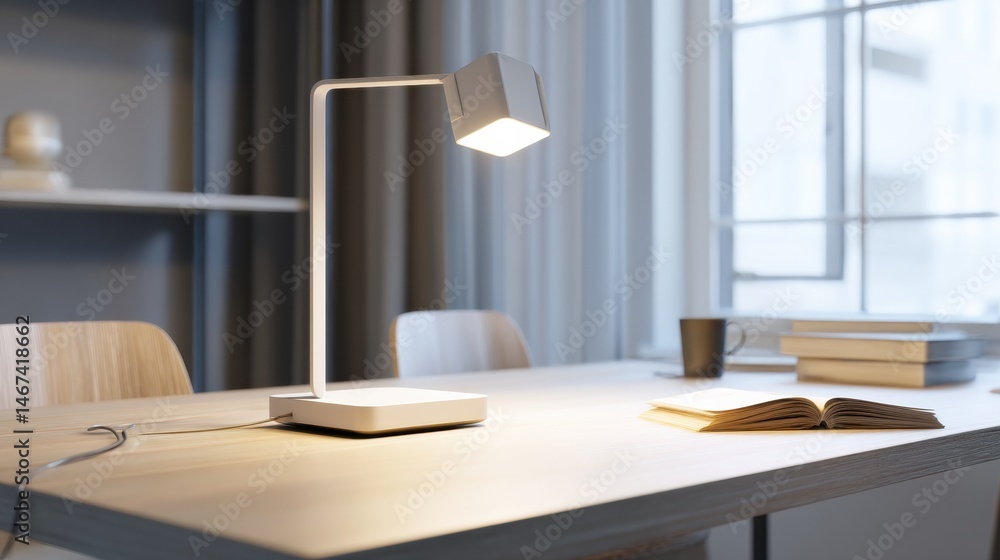 Aufkleber minimalist desk lamp illuminating a table with books and a cup during a calm afternoon indoors gener