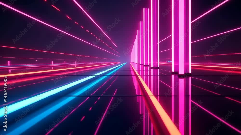 Poster neon glowing lines and pillars in a futuristic corridor with reflective floor