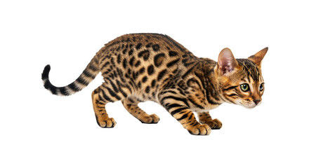 Bengal cat isolated on transparent background, playful spotted kitten png