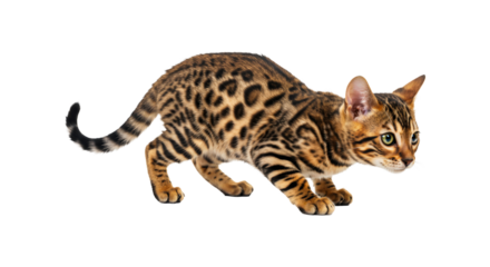 Bengal cat isolated on transparent background, playful spotted kitten png