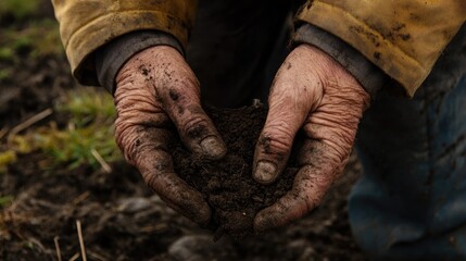 Dirt-stained hands carefully hold dark, fertile soil