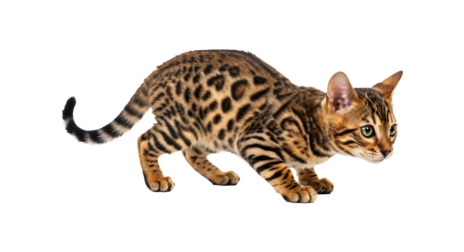 Bengal cat isolated on transparent background, playful spotted kitten png