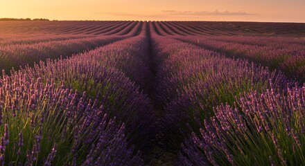 Fototapeta premium Sunset over Lavender Fields Stunning Rows of Purple Blossoms at Golden Hour
