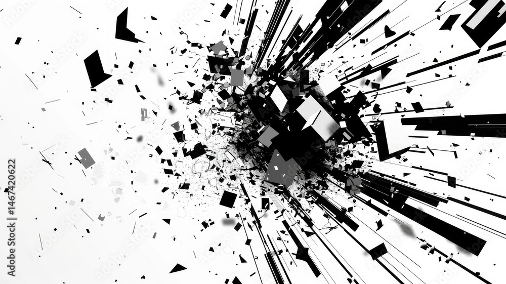 Poster exploding black and white cubes in motion. dramatic and intense visual effect. digital artwork of wh