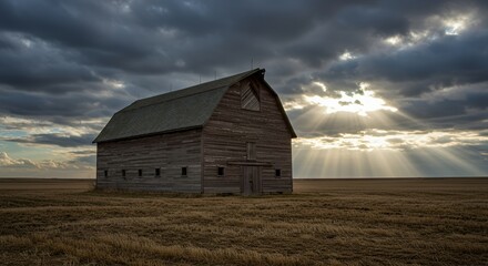 Old Barn Standing in a Wheat Field with Dramatic Sky at Dusk