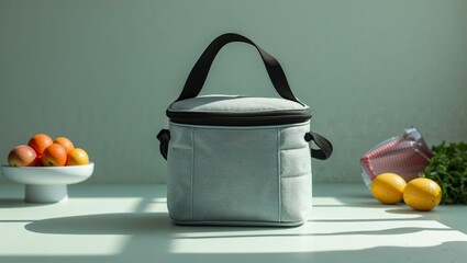 Photorealistic image of a insulated lunch tote in a clean isolated environment